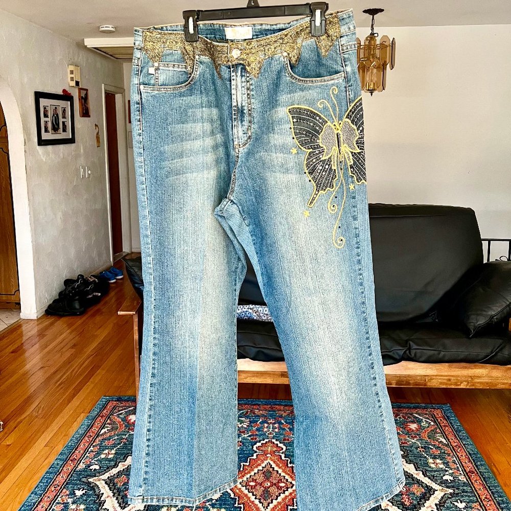 CREST JEANS Butterfly Embroidered Lace Detail Stretch Vintage JEANS Sz. 19/20